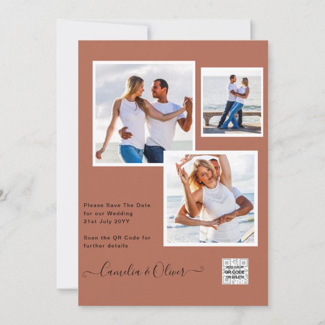 Modern PHOTO-bröllopsinbjudan QR CODE OSA Cinnamon Inbjudningar (Framsida)
