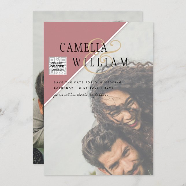 Modern PHOTO-bröllopsinbjudan QR CODE OSA DustyROS Inbjudningar (Fram/baksida)