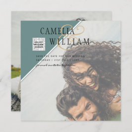 Modern PHOTO-bröllopsinbjudan QR CODE Osa Grönt