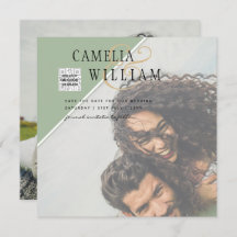 Modern PHOTO-bröllopsinbjudan QR CODE Osa Grönt