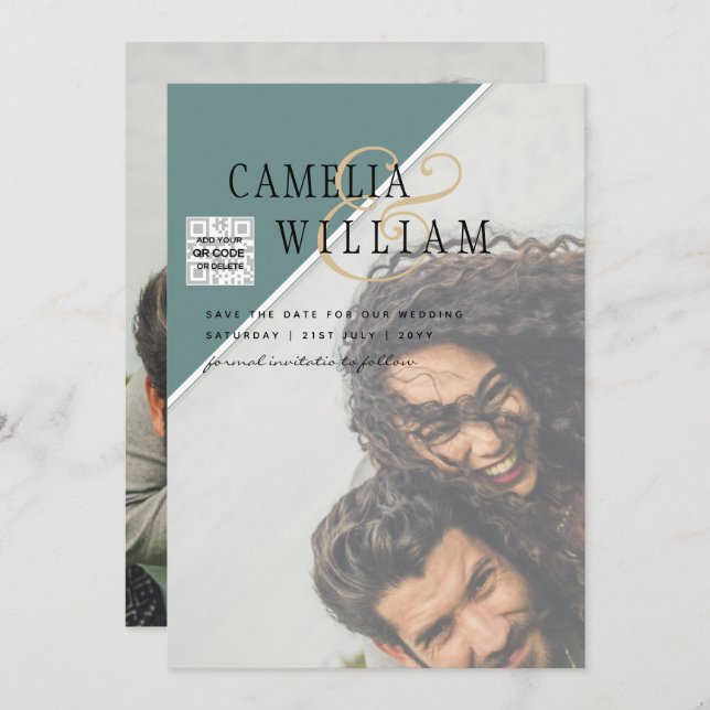 Modern PHOTO-bröllopsinbjudan QR CODE Osa Grönt Inbjudningar (Fram/baksida)