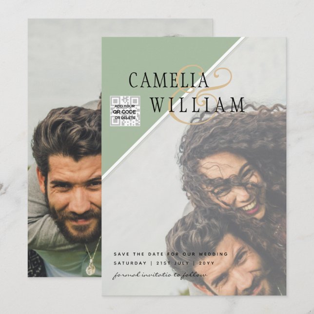 Modern PHOTO-bröllopsinbjudan QR CODE Osa Grönt Inbjudningar (Fram/baksida)