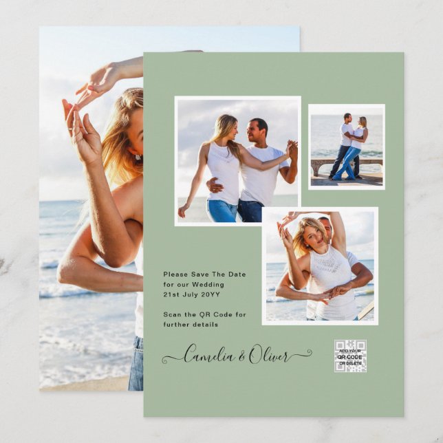 Modern PHOTO-bröllopsinbjudan QR CODE Osa Grönt Inbjudningar (Fram/baksida)