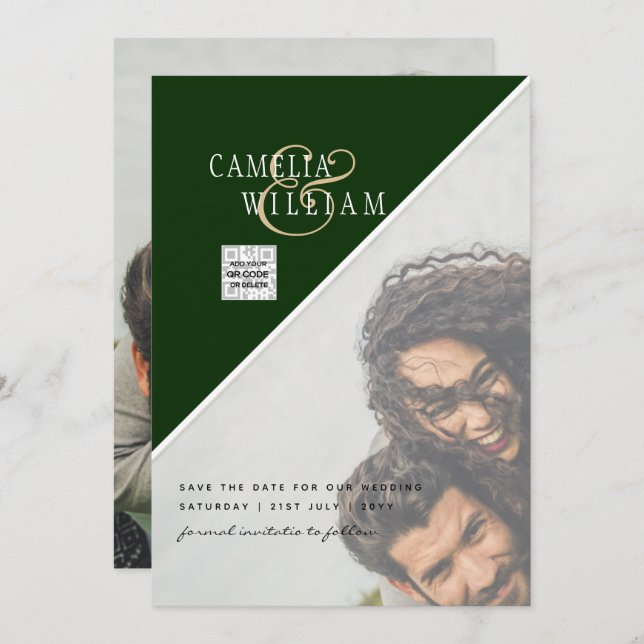 Modern PHOTO-bröllopsinbjudan QR CODE Osa Grönt Inbjudningar (Fram/baksida)