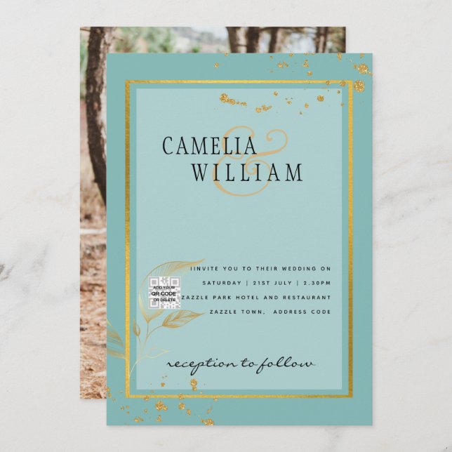 Modern PHOTO-bröllopsinbjudan QR CODE OSA TEAL Inbjudningar (Fram/baksida)