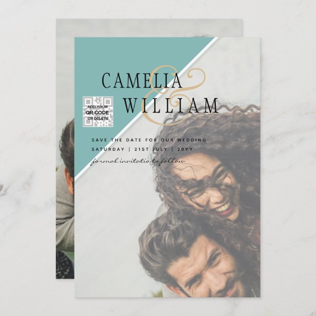 Modern PHOTO-bröllopsinbjudan QR CODE OSA TEAL Inbjudningar (Fram/baksida)