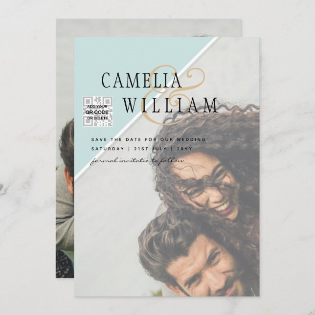 Modern PHOTO-bröllopsinbjudan QR CODE OSA TEAL Inbjudningar (Fram/baksida)