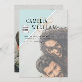 Modern PHOTO-bröllopsinbjudan QR CODE OSA TEAL Inbjudningar