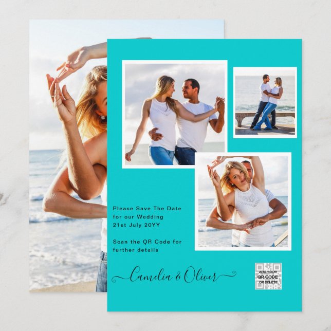 Modern PHOTO-bröllopsinbjudan QR CODE OSA TEAL Inbjudningar (Fram/baksida)