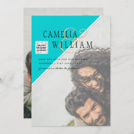 Modern PHOTO-bröllopsinbjudan QR CODE OSA TEAL Inbjudningar