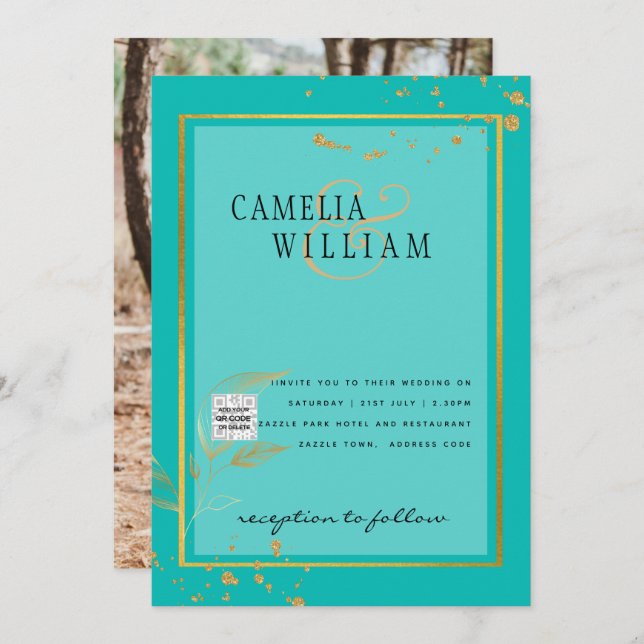 Modern PHOTO-bröllopsinbjudan QR CODE OSA TEAL Inbjudningar (Fram/baksida)
