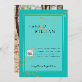 Modern PHOTO-bröllopsinbjudan QR CODE OSA TEAL Inbjudningar