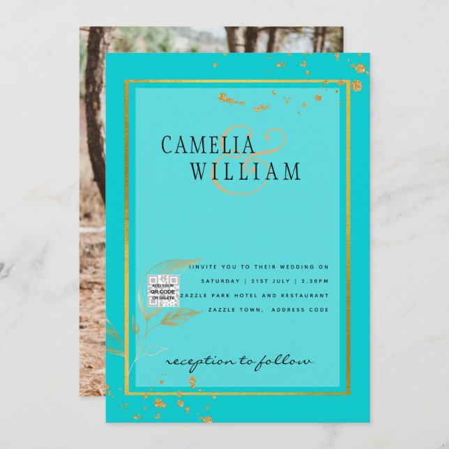 Modern PHOTO-bröllopsinbjudan QR CODE OSA TEAL Inbjudningar (Fram/baksida)