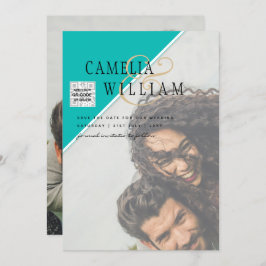 Modern PHOTO-bröllopsinbjudan QR CODE OSA TEAL Inbjudningar