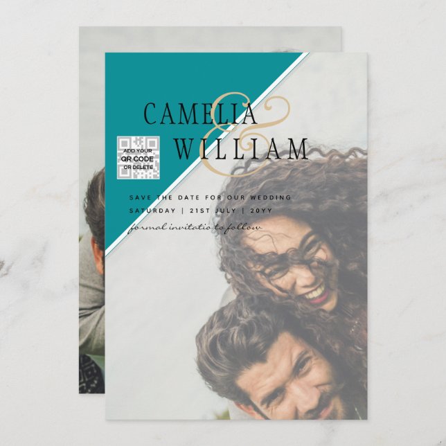 Modern PHOTO-bröllopsinbjudan QR CODE OSA TEAL Inbjudningar (Fram/baksida)