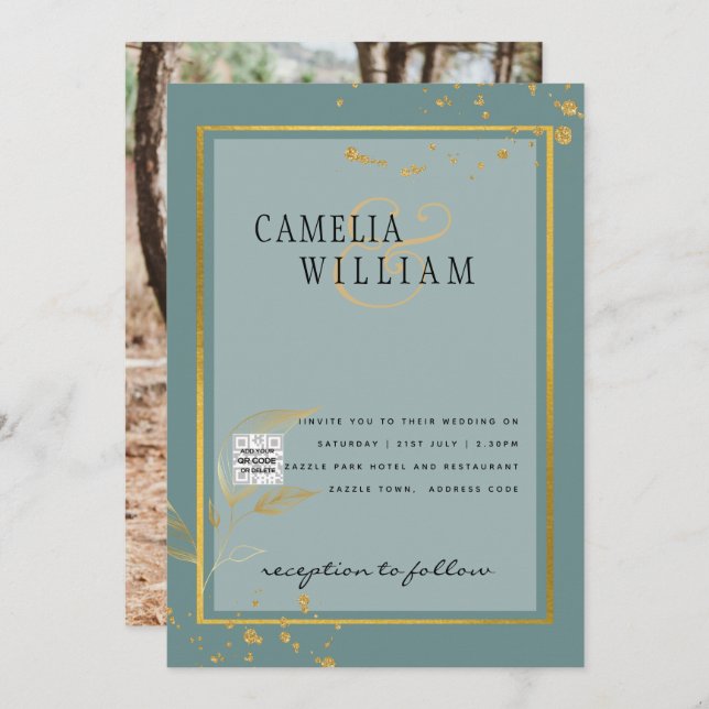 Modern PHOTO-bröllopsinbjudan QR CODE OSA TEAL Inbjudningar (Fram/baksida)