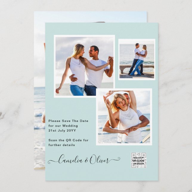 Modern PHOTO-bröllopsinbjudan QR CODE OSA TEAL Inbjudningar (Fram/baksida)