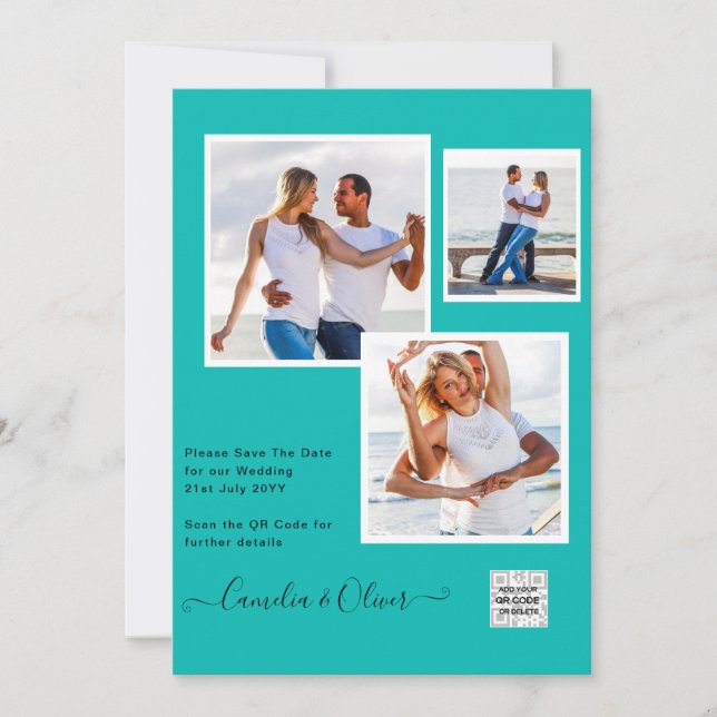 Modern PHOTO-bröllopsinbjudan QR CODE OSA TEAL Inbjudningar (Framsida)
