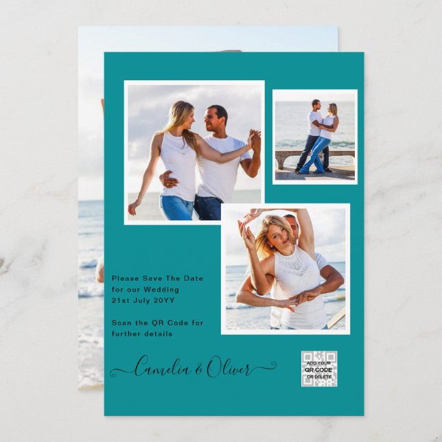 Modern PHOTO-bröllopsinbjudan QR CODE OSA TEAL Inbjudningar (Fram/baksida)