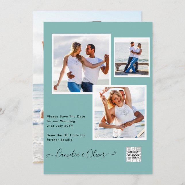 Modern PHOTO-bröllopsinbjudan QR CODE OSA TEAL Inbjudningar (Fram/baksida)