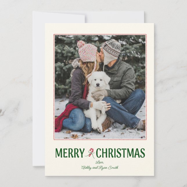 Modern Photo Christmas Card with Candy Cane Julkort (Framsida)