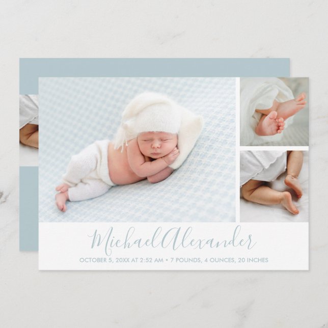 Modern Photo Collage Baby Birth Notice (Fram/baksida)
