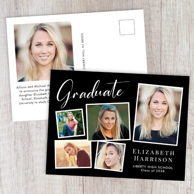 Modern Photo Collage Black Studenten Meddelande Vykort (Cherish the milestone: share your graduate's achievement with a custom photo graduation announcement)