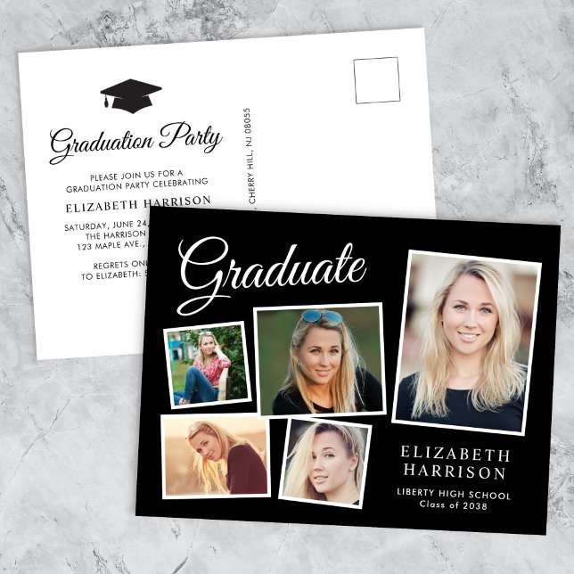 Modern Photo Collage Black-Studentfest Inbjudan Vykort (A personalized photo graduation party invitation to celebrate the graduate's achievements)