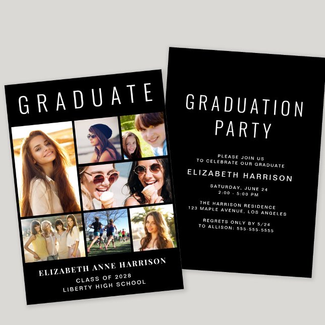 Modern Photo Collage Black-Studentfest Inbjudningar (A modern photo collage graduation party invitation to celebrate the graduate's achievements)