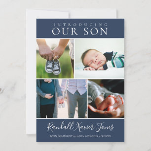 Modern Photo Collage Blue Pojke Birth Meddelande