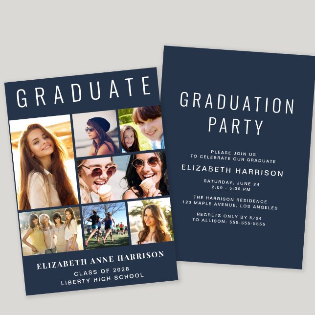 Modern Photo Collage Blue-Studentfest Inbjudningar (A modern photo collage graduation party invitation to celebrate the graduate's achievements)