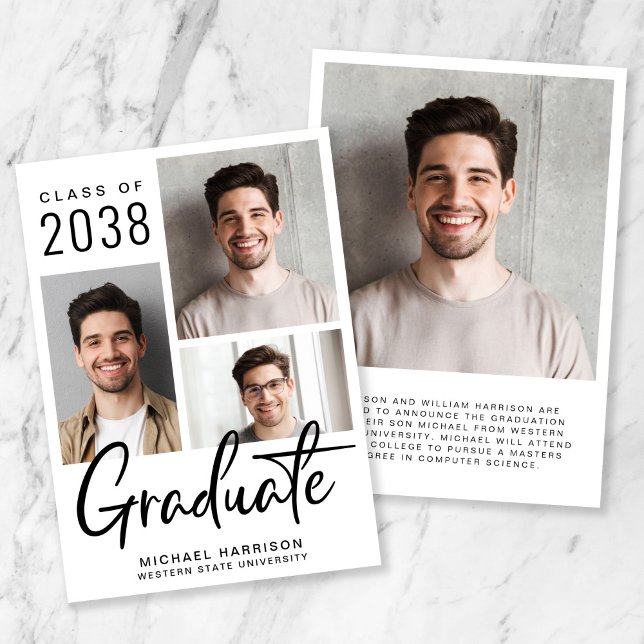 Modern Photo Collage Bold Script Studenten Meddelande (A modern photo graduation announcement to celebrate the graduate's achievements)