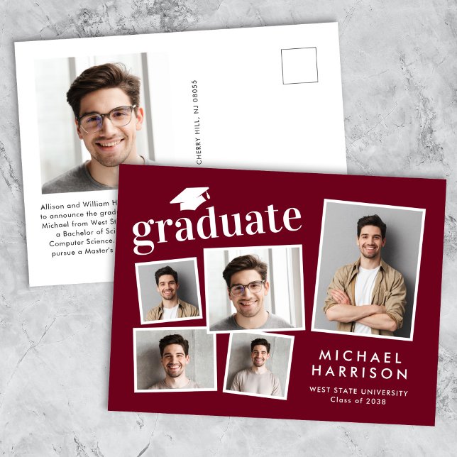 Modern Photo Collage Burgundy Red Studenten Meddelande Vykort (Cherish the milestone: share your graduate's achievement with a custom photo graduation announcement)