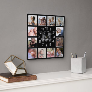 Modern Photo Collage Family Namn Black Fyrkantig Klocka