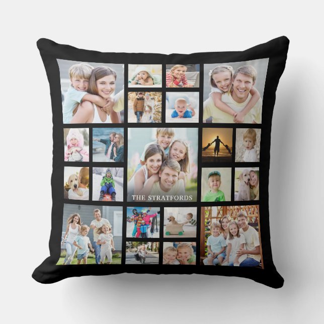 Modern Photo Collage Family Namn eller Title Black Kudde (Framsida)