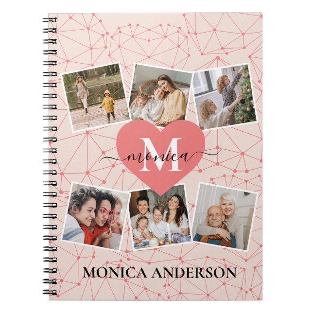 Modern Photo Collage Girly Rosa Monogram Namn Anteckningsbok (Framsidan)