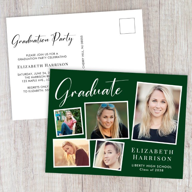 Modern Photo Collage Grönt Studentfest Inbjudan Vykort (Modern Photo Collage Green Graduation Party Invitation Postcard)