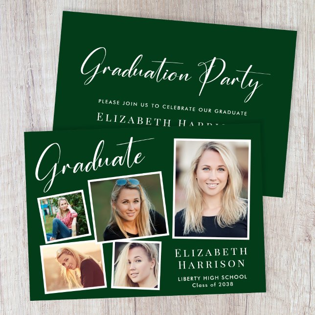 Modern Photo Collage Grönt Studentfest Inbjudningar (A modern photo collage graduation party invitation to celebrate the graduate's achievements)