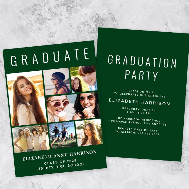 Modern Photo Collage Grönt Studentfest Inbjudningar (A modern photo collage graduation party invitation to celebrate the graduate's achievements)