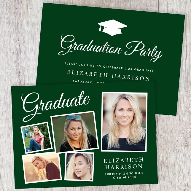 Modern Photo Collage Grönt Studentfest Inbjudningar (A personalized photo graduation party invitation to celebrate the graduate's achievements)