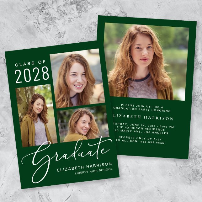 Modern Photo Collage Grönt Studentfest Inbjudningar (An elegant photo collage graduation party invitation to celebrate the graduate's achievements)