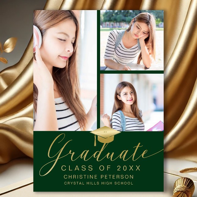 Modern Photo Collage Guld Grönt Studenten Meddelande (Modern Photo Collage Green and Gold Graduation Announcement)
