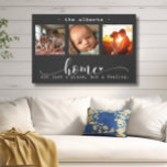 Modern Photo Collage Home, inte bara en Ställe Canvastryck<br><div class="desc">Den här fantastiska kanvas-väggkonsten har ett vackert fotokollage i tre ram som visar omhuldade minnen, med det hjärtliga budskapet "Home, Not a Ställe, but a Feeling". Den svarta och vita eleganten skapar tillsammans med utsökt skript och trycktypografi ett sofistikerat och hållbart biet som kompletterar alla insida stil. Anpassa det till...</div>