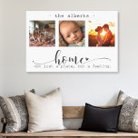 Modern Photo Collage Home, inte bara en Ställe Canvastryck<br><div class="desc">Den här fantastiska kanvas-väggkonsten har ett vackert fotokollage i tre ram som visar omhuldade minnen, med det hjärtliga budskapet "Home, Not a Ställe, but a Feeling". Den svarta och vita eleganten skapar tillsammans med utsökt skript och trycktypografi ett sofistikerat och hållbart biet som kompletterar alla insida stil. Anpassa det till...</div>