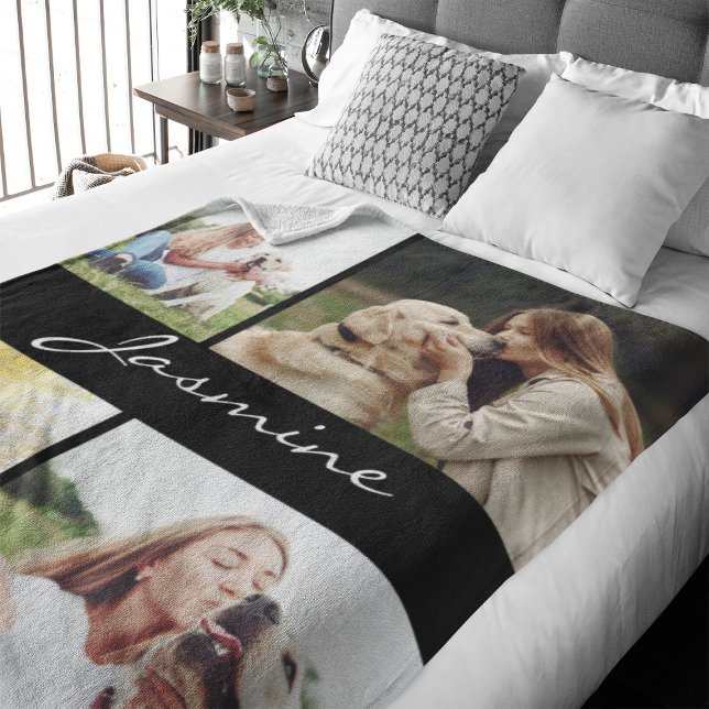 Modern Photo Collage Hund Black Fleecefilt (Capture precious pet moments with our Modern Pet Photo Collage Fleece Blanket. )