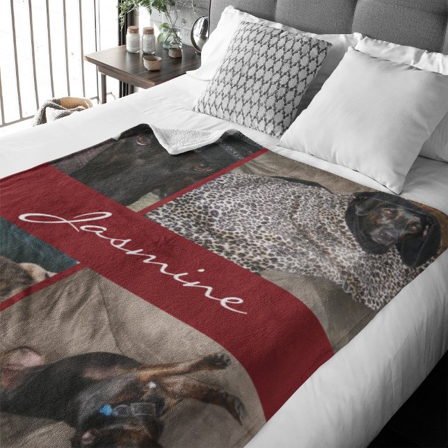 Modern Photo Collage Hund Burgundy Fleecefilt (Skapare uppladdad)