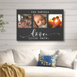 Modern Photo Collage Kärlek växer här Canvastryck<br><div class="desc">Den här fantastiska kanvas-väggkonsten har ett vackert fotokollage med tre ram som visar omhuldade minnen, med det hjärtliga budskapet "Kärlek växer här". Den svarta och vita eleganten skapar tillsammans med utsökt skript och trycktypografi ett sofistikerat och hållbart biet som kompletterar alla insida stil. Anpassa det till din familj namn. Skapat...</div>