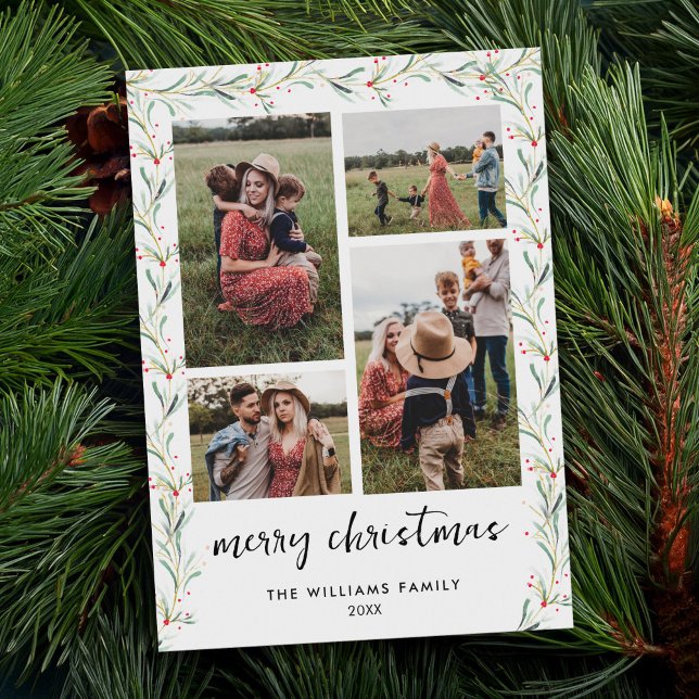Modern Photo Collage Minimal jul Botanical Julkort (Skapare uppladdad)