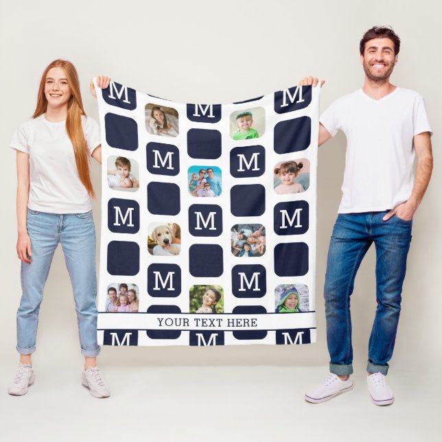 Modern Photo Collage Monogram Mönster Navy MED. Fleecefilt (På plats)