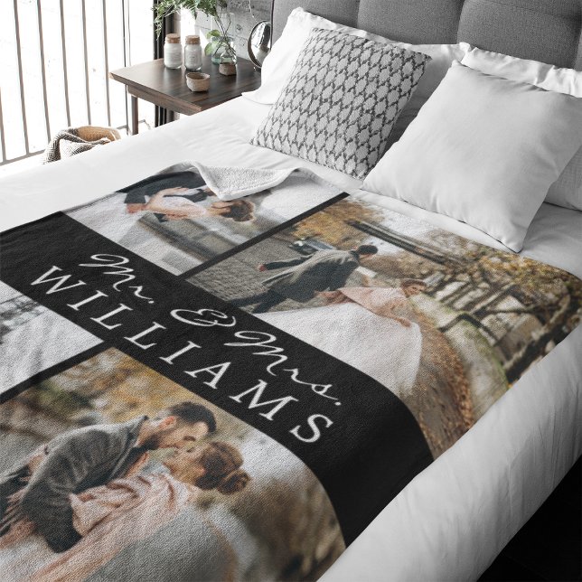 Modern Photo Collage Mr & Mrs Newlyed Monogram Fleecefilt (Celebrate your recent marriage with this 4 photos monogrammed fleece blanket.)